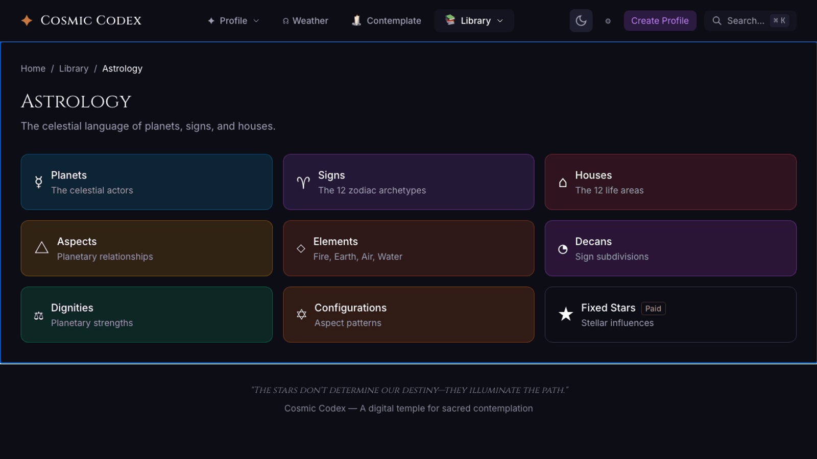 The astrology library inside the Cosmic Codex app: planets, signs, houses, aspects, elements, decans, dignities, configurations, and fixed stars.