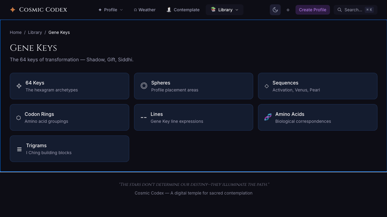 The Gene Keys library inside the Cosmic Codex app: 64 keys, spheres, sequences, codon rings, lines, amino acids, and trigrams.